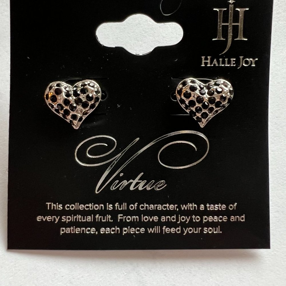 Halle Joy Virtue Heart  Silver and Black Crystal Earings NWT